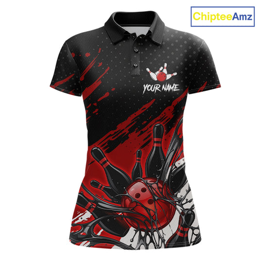 Custom Red Bowling Jerseys For Women, Personalized Bowling Team Shirts Bowling Pin And Ball HNT283