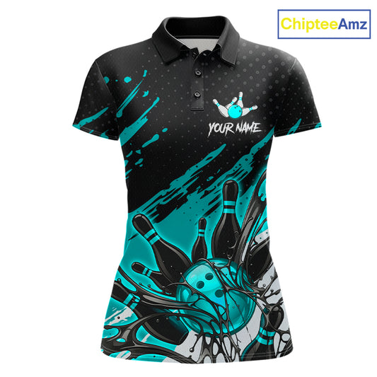 Custom Turquoise Bowling Jerseys For Women, Personalized Bowling Team Shirts Bowling Pin And Ball HNT283