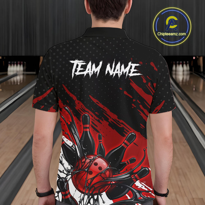 Custom Red Bowling Jerseys For Men, Personalized Bowling Team Shirts Bowling Pin And Ball HNT283