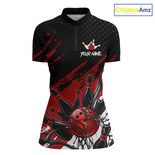 Custom Red Bowling Jerseys For Women, Personalized Bowling Team Shirts Bowling Pin And Ball HNT283