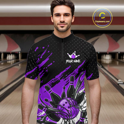 Custom Purple Bowling Jerseys For Men, Personalized Bowling Team Shirts Bowling Pin And Ball HNT283
