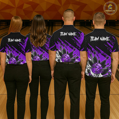 Custom Purple Bowling Jerseys For Men, Personalized Bowling Team Shirts Bowling Pin And Ball HNT283