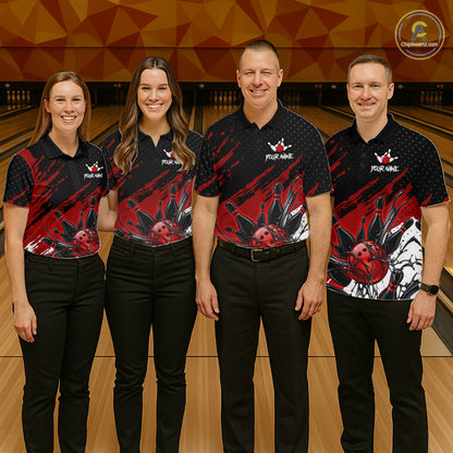 Custom Red Bowling Jerseys For Men, Personalized Bowling Team Shirts Bowling Pin And Ball HNT283