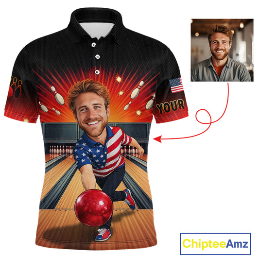 Custom Photo Funny American Flag Bowling Jersey for Men Bowling Team Shirts Polo & 1/4 Zip HNT342