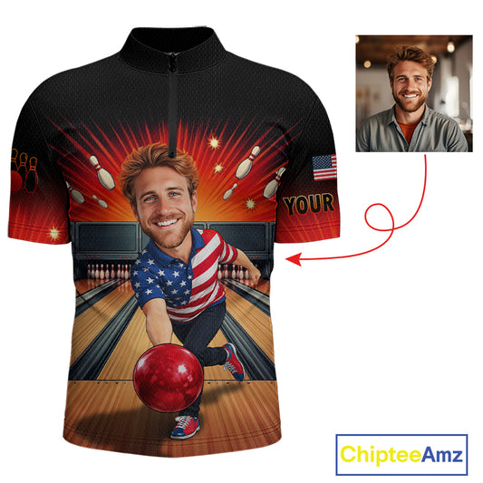 Custom Photo Funny American Flag Bowling Jersey for Men Bowling Team Shirts Polo & 1/4 Zip HNT342