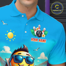Load image into Gallery viewer, Men polo shirt with a colorful design featuring a bowling ball, smiling face with sunglasses, and sun.