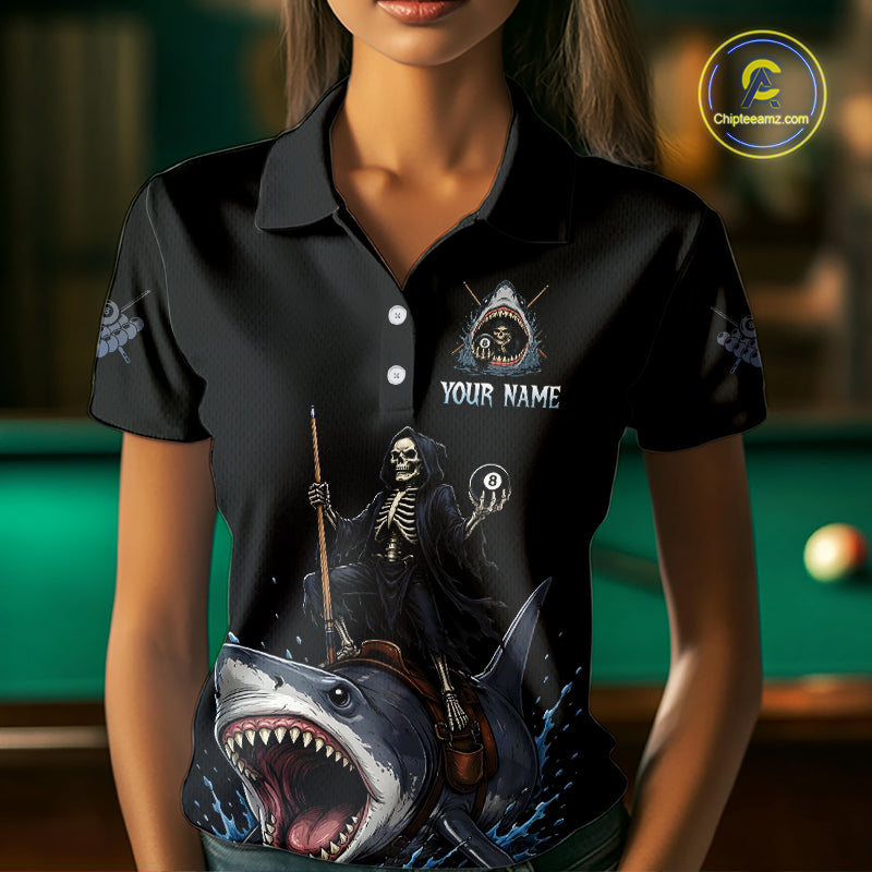 Black polo shirt with a skeleton and shark design, featuring 'Your Name' text, worn by a person in a pool hall setting.