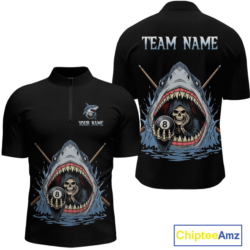 Black polo shirt with shark and skeleton design on front and back, customizable text.