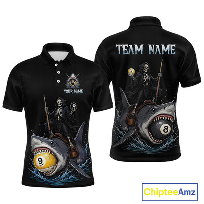 Black polo shirt with skeleton design and shark graphic on a white background