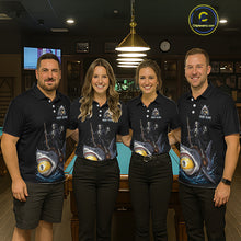 Load image into Gallery viewer, Four people wearing matching polo shirts with a shark graphic design in a bar setting.
