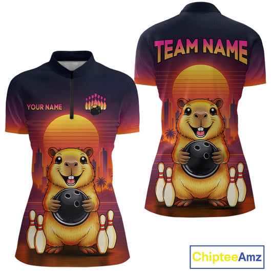 Custom Retro Capybara Bowling Jersey for Women Bowling Team Shirts Bowling Polo & 1/4 Zip HNT260