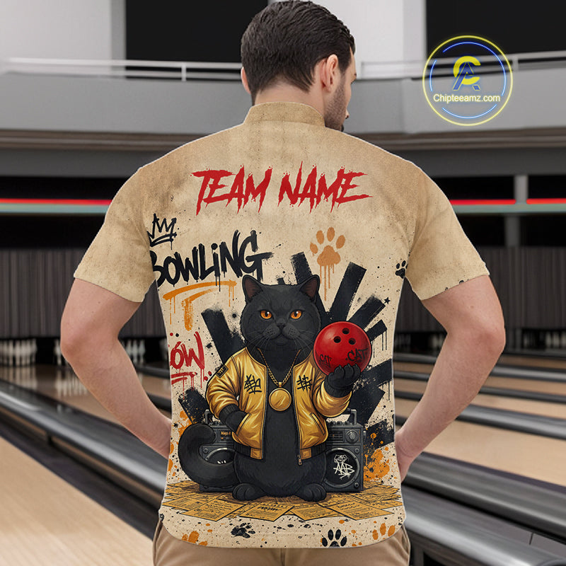 Custom Black Cat Bowling Jersey for Men Funny Cat Bowling League Bowling Team Shirts HN290