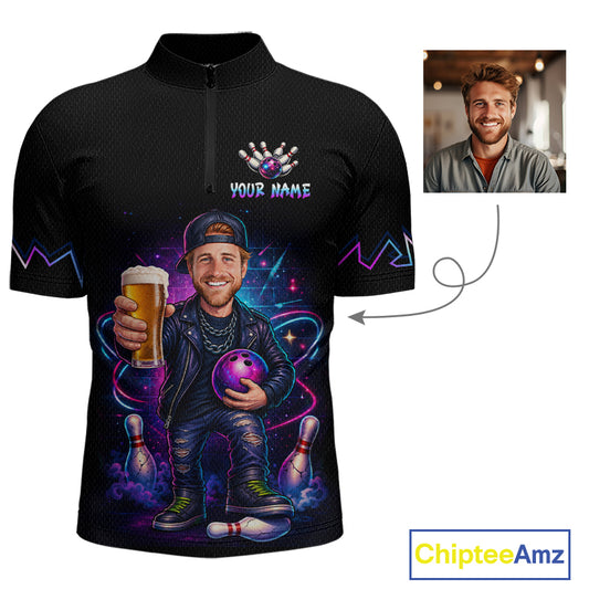 Custom Photo Funny Beer Galaxy Bowling Jersey for Men Bowling Team Shirts Polo & 1/4 Zip HNT312