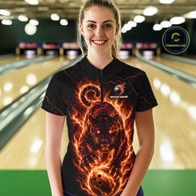 Load image into Gallery viewer, Woman wearing a black bowling shirt with a fiery panther design in a bowling alley.