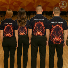 Load image into Gallery viewer, Four people wearing black shirts with a fiery pather design on a bowling alley background