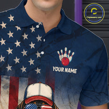 Load image into Gallery viewer, Navy blue polo shirt with American flag design and bowling graphic, featuring 'Your Name' text.