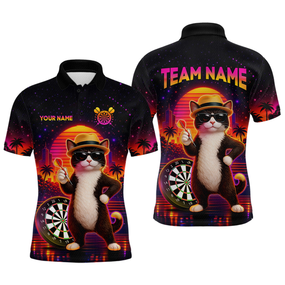 Custom Funny Cat Dart Shirts For Men Retro Dart Board Shirts Polo & 1/4 Zip Dart Jersey Team NNT123