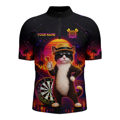 Custom Funny Cat Dart Shirts For Men Retro Dart Board Shirts Polo & 1/4 Zip Dart Jersey Team NNT123