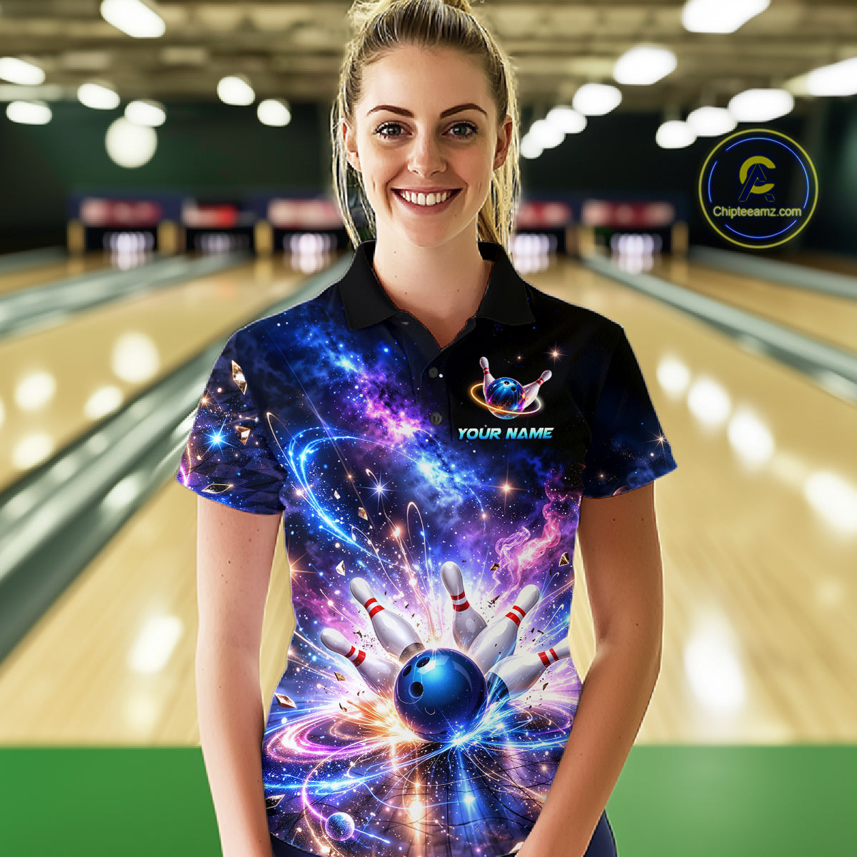 Custom Galaxy Bowling Jersey for Women Bowling Uniform Polo & 1/4 Zip Bowling Team Shirts HNT227