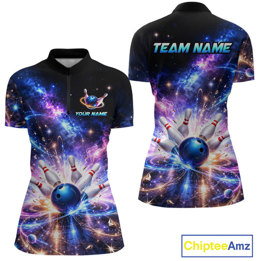 Custom Galaxy Bowling Jersey for Women Bowling Uniform Polo & 1/4 Zip Bowling Team Shirts HNT227