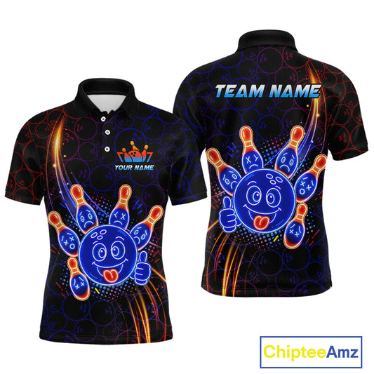 Front and back views of a black bowling polo shirt with neon blue and orange cartoon bowling ball and pin graphics, plus custom “TEAM NAME” and “YOUR NAME” text.