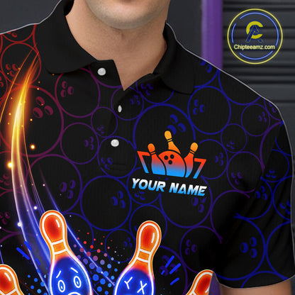 bowling polo shirt with neon blue and orange cartoon bowling ball and pin graphics, and 'Your Name' text on a dark background