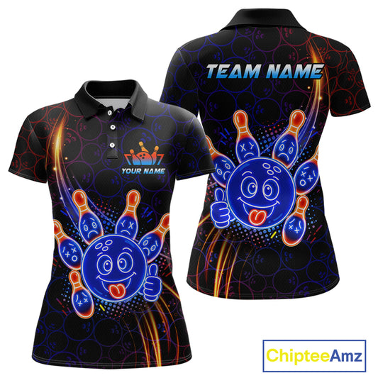 Front and back views of a black bowling polo shirt with neon blue and orange cartoon bowling ball and pin graphics, plus custom “TEAM NAME” and “YOUR NAME” text.
