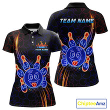 Load image into Gallery viewer, Front and back views of a black bowling polo shirt with neon blue and orange cartoon bowling ball and pin graphics, plus custom team name and player name text.