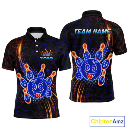 Front and back views of a black bowling polo shirt with neon blue and orange cartoon bowling ball and pin graphics, plus custom team name and player name text.