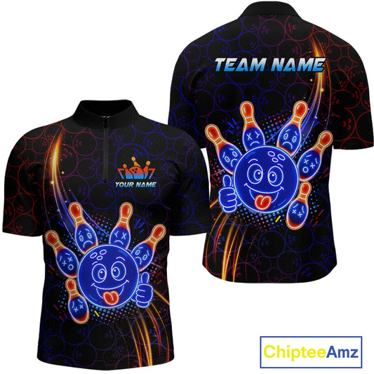 Front and back views of a black bowling quarter zip shirt with neon blue and orange cartoon bowling ball and pin graphics, plus custom “TEAM NAME” and “YOUR NAME” text.