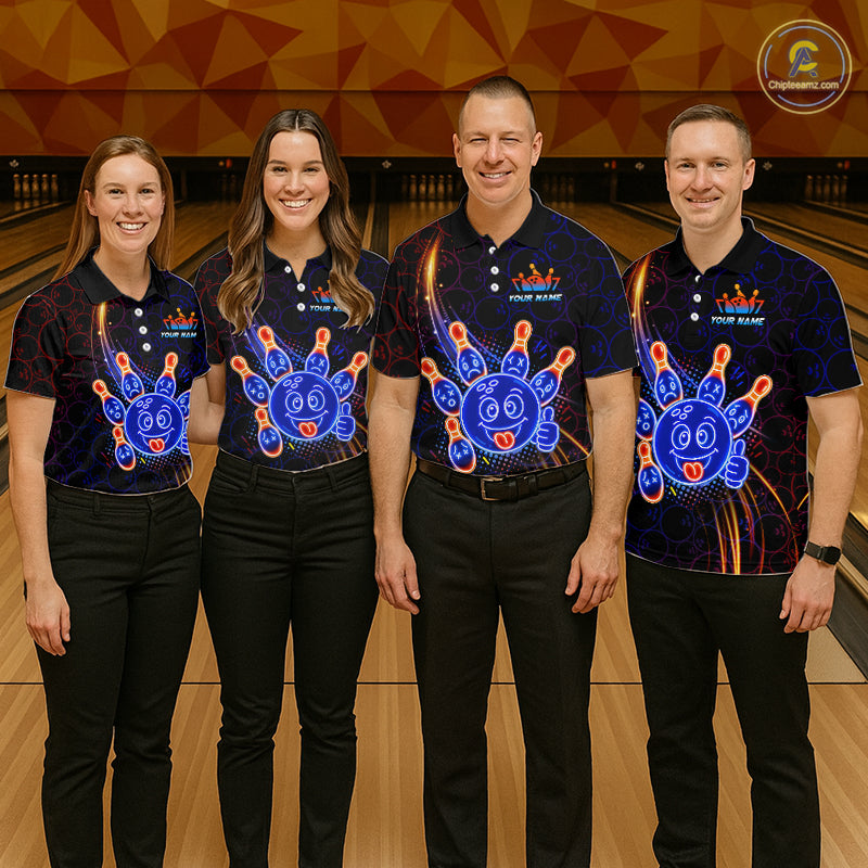 Four-person bowling team with neon blue and orange cartoon bowling ball and pin graphics, plus custom team name and player name text.