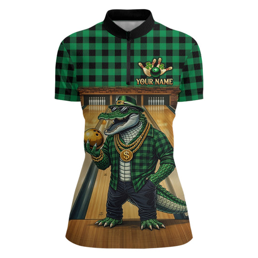 Custom Green Alligator Bowling Jersey for Women Bowling Uniform Polo & 1/4 Zip Bowling Team Shirts HNT230