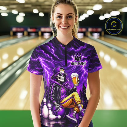 Custom Funny Beer Skull Purple Bowling Shirt for Women Bowling Team Jersey Bowling League HNT296