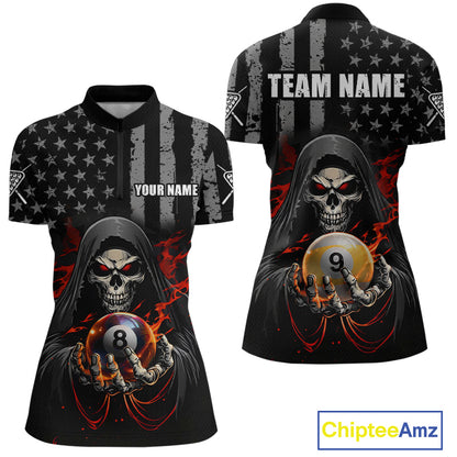 Front and back views of a black billiards quarter zip with a distressed American flag pattern, grim reaper artwork, and large 8-ball and 9-ball graphics.