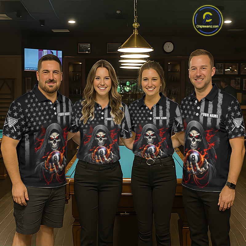Four people wearing american flag skull 8 ball billiard shirts with a logo in a billiard league