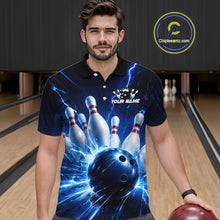 Load image into Gallery viewer, Man wearing a black and blue bowling polo shirt featuring lightning effects, a large blue bowling ball striking pins, and custom player name text.