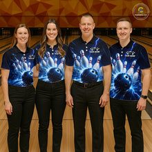 Load image into Gallery viewer, Four people wearing black and blue bowling quarter zip shirt featuring lightning effects, a large blue bowling ball striking pins, and custom player name text.