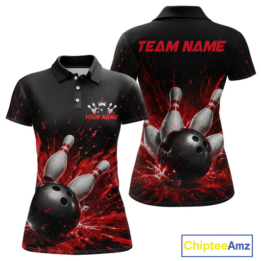 Front and back views of a black bowling polo shirt with dramatic red splatter graphics, a large black bowling ball, and flying pins, plus custom team and player name text.