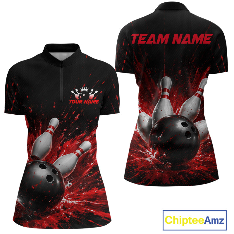 Front and back views of a black bowling  quarter zip shirt with dramatic red splatter graphics, a large black bowling ball, and flying pins, plus custom team and player name text.