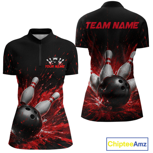 Front and back views of a black bowling  quarter zip shirt with dramatic red splatter graphics, a large black bowling ball, and flying pins, plus custom team and player name text.