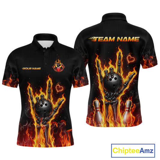 Black short-sleeve polo shirt shown from front and back with a bowling-themed flame graphic featuring a bowling ball, flaming hand, pins, and customizable text areas reading 'TEAM NAME' and 'YOUR NAME'.
