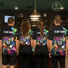 Load image into Gallery viewer, Four people wearing matching colorful sports jerseys with pool ball designs in a bar setting.