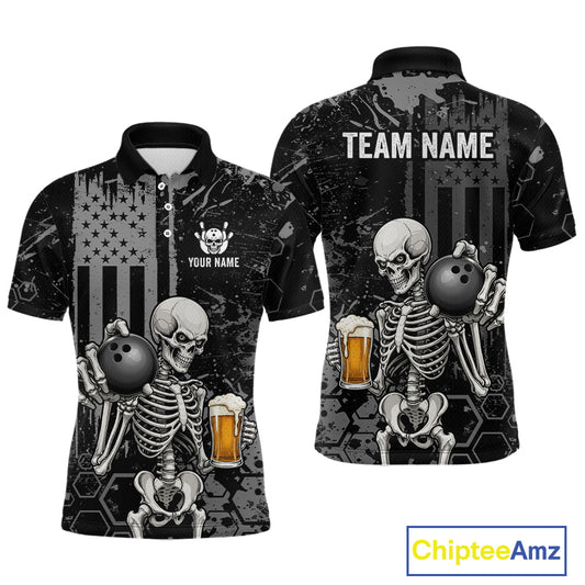 Front and back views of a black short-sleeve polo shirt featuring a distressed skeleton graphic holding a bowling ball and beer mug, with American flag and hexagon patterns. The back shows 'TEAM NAME' and 'YOUR NAME' placeholder text.