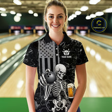 Load image into Gallery viewer, A woman standing in a bowling alley wearing a black short-sleeve polo shirt with a skeleton graphic holding a bowling ball and a beer glass, with a US flag motif and customizable text on the chest. A circular 'Chipleanic' watermark is visible in the top right.