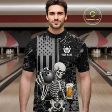 Load image into Gallery viewer, A close-up of a person wearing a black and gray distressed polo shirt with a skull-and-crossbones graphic, bowling pins, and the text 'YOUR NAME' on the chest. A circular 'Chipeamz.