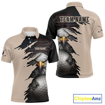 A short-sleeve polo shirt with a split design: the left side is beige with a torn-paper effect revealing a bald eagle and golf ball graphic, while the right side is black with a faded American flag pattern. The shirt includes placeholder text reading 'YOUR NAME' on the chest and a 'ChipteeAmz' logo in the top right corner.