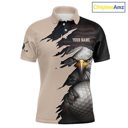 A short-sleeve polo shirt with a split design: the left side is beige with a torn-paper effect revealing a bald eagle and golf ball graphic, while the right side is black with a faded American flag pattern. The shirt includes placeholder text reading 'YOUR NAME' on the chest and a 'ChipteeAmz' logo in the top right corner.