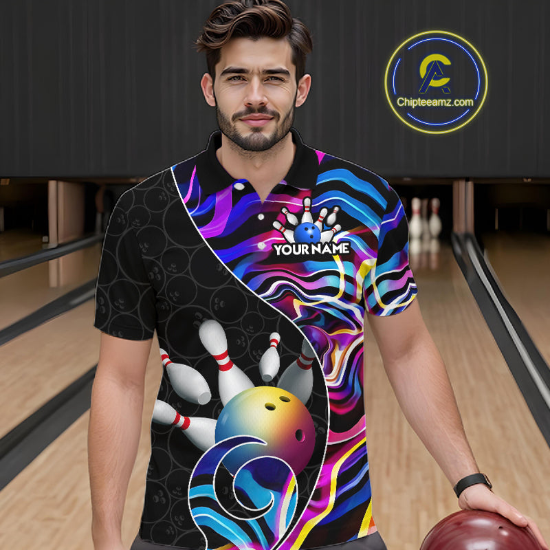 Custom Blue Neon Wave Bowling Team Shirts, Strike Bowling Shirts For Men Bowling Jersey HNT465