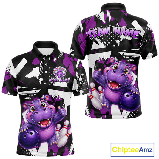 Front and back views of a black, white, and purple bowling polo shirt featuring a cheerful purple hippo holding a bowling ball, with custom team and player name text.