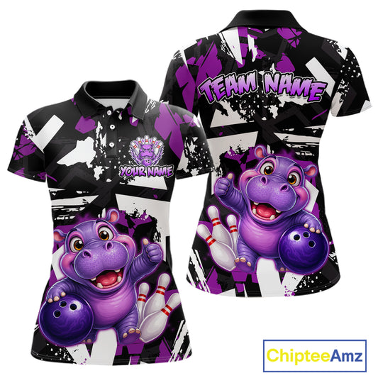 Front and back views of a black, white, and purple bowling polo shirt featuring a cheerful purple hippo holding a bowling ball, with custom team and player name text.
